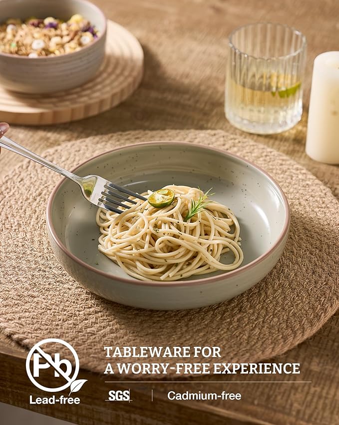 famiware Milkyway 33 oz Bowl Set, Pasta Bowls Set of 6, Salad Bowls, Double Reactive Glaze, Sturdy & Stackable, Ideal for Housewarming, Festivals, Matcha Green with Speckles