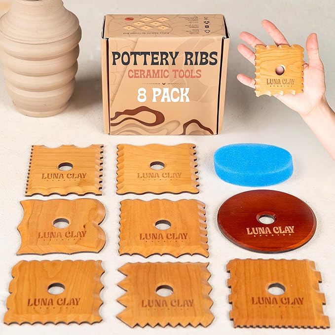 Kiln-Dried Cherry Wood Pottery Ribs & Pottery Tools For Wheel Throwing | 8 Pack - Professional Non-Warping Ceramic Set for Trimming, Sculpting, Shaping - Clay Tools & Modeling Kit with Bonus Sponge