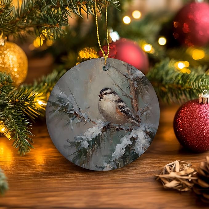 Vintage Rustic Winter Bird Ceramic Ornament Gifts, Farmhouse Christmas Snowy Forest Bird Decorative Hanging Ornaments for Xmas Tree Holiday Party Decoration, Winter Xmas Tree Decorations