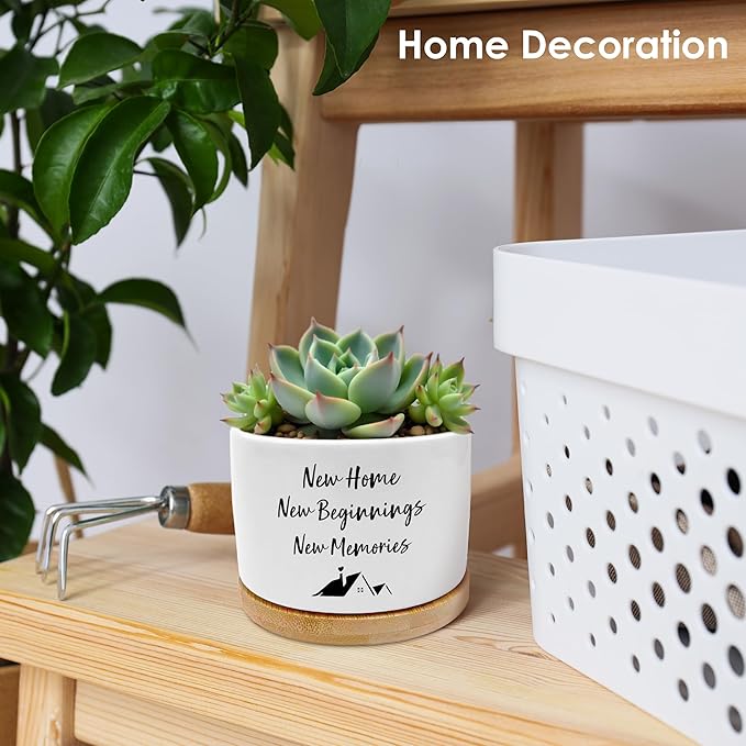 Housewarming Gifts New Home Plant Pots, Homeowner Hostess Gifts Succulent Planters, New Home Beginnings Memories Ceramic Plant Flower Pots for Home Office Desk Table Shelf(No Plants)