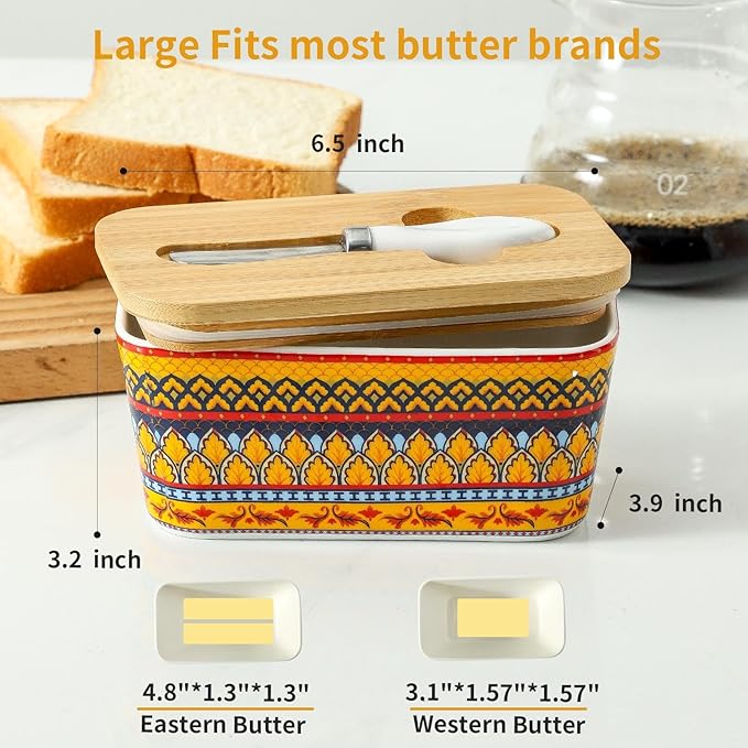 Hasense Butter Dish with Lid, Ceramic Butter Dish with Lid for countertop, Airtight Covered Butter Keeper with Bamboo lid and knife,Butter Holder for Counter, Golden Bloom
