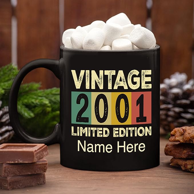 PREZZY Vintage 2001 Limited Edition 22nd Birthday Decorations Personalized Gifts for Women Men Mothers Day Fathers Day Gift 22 Year Old Birthday Mug Customized Name Ceramic Black Tea Cup 11oz 15oz