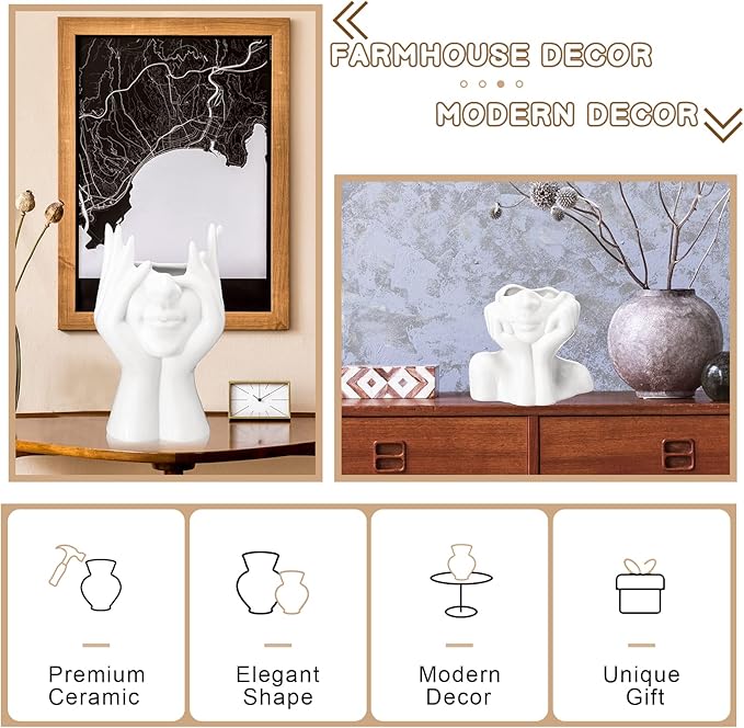 Sieral 3 Pcs Ceramic Face Vase Female Form Flower Modern Body Vase for Decor with Head Half Body Bust Centerpiece for Table Shelf Home Bedroom Room Office(Small,White)