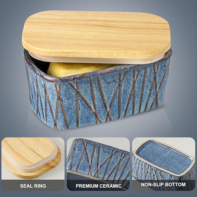 HVH Ceramic Butter Dish with Lid for Countertop, Airtight Butter Keeper with Wooden Lid, Butter Holder for East West Coast Butter, Irregular Striped (Wabi sabi, 6 x 3.5 x 2.7)