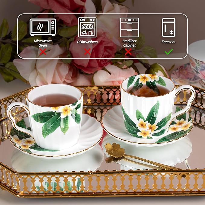 KAMMAK Tea Cups and Saucers Set of 2, Fine Bone China Coffee Cups, Stackable Espresso Mugs, Ceramic Demitasse for Coffee, Cappuccino, Latte, Americano, Tea, Green Leaf Frangipani