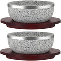 2 Pack Granite Stone Bowl 32 oz, Dolsot Pot with Wood Base for Cooking and Serving Korean Bibimbap, Soup, Rice, Ramen, Stew