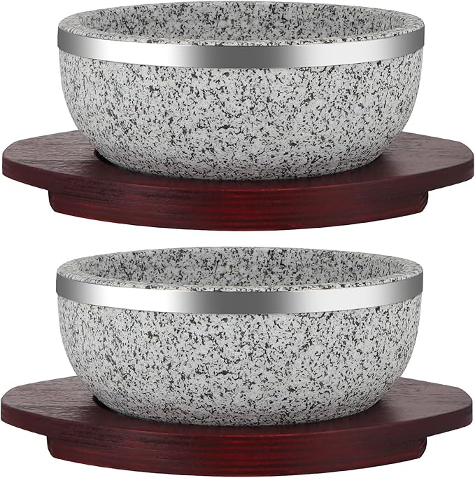 2 Pack Granite Stone Bowl 32 oz, Dolsot Pot with Wood Base for Cooking and Serving Korean Bibimbap, Soup, Rice, Ramen, Stew