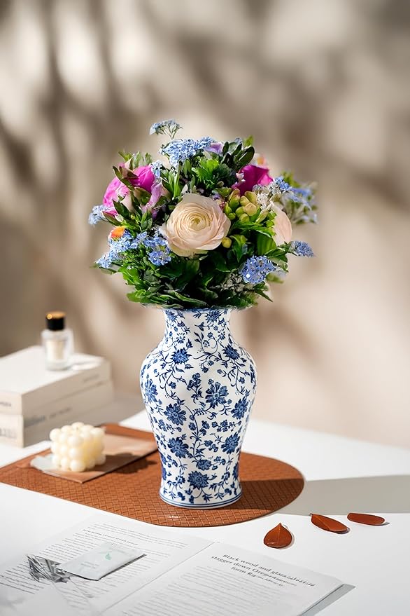 Blue and White Porcelain Décor, Blue and White Vase, Blue Vase, Chinoiserie Vase, Blue and White Ginger Jar Vase for Home Decor,Flower Vase,11" H
