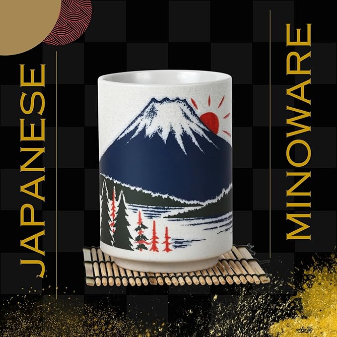 Japanese Tea Cups Sushi-Yunomi Mino Ware With Bamboo Coaster (Set of 2) (Mt. Fuji)