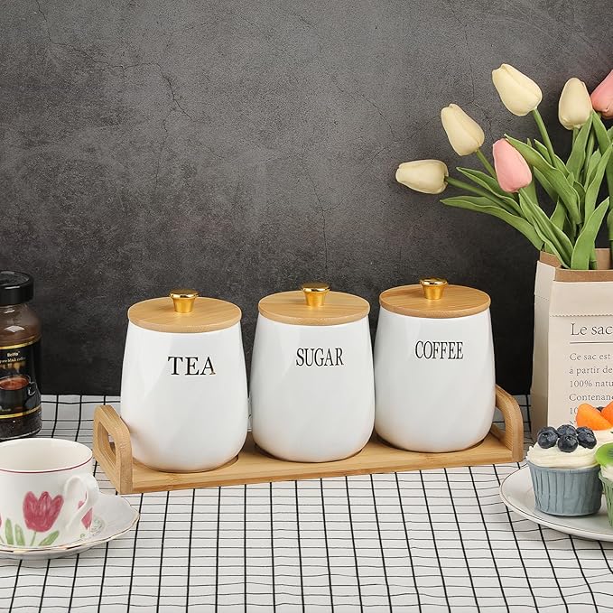 JUXYES Set of 3 Ceramic Canisters Set for Sugar Coffee Tea With Handle Tray, Luxurious Storage Containers Sets with Lids Decorative Storage Pots White Ceramic Storage Jar for Kitchen Dining Room