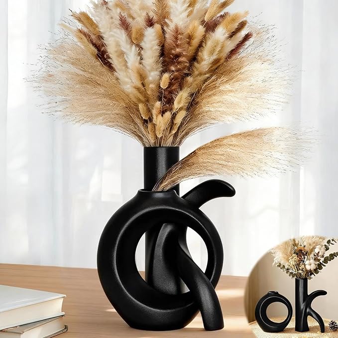 Assemble OK Ceramic Vase Set of 2 for Home Decor, Modern Boho Ins Style Matte Vase for Pampas Grass for Table Centerpiece, Living Room, Shelf, Mantle, Housewarming Gift (Black Vase)