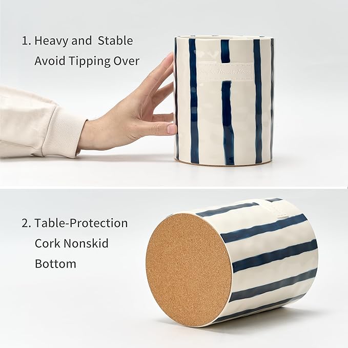 JIEMEI HOME Kitchen Utensil Holder, 7.2" Ceramic Stable Utensil Crock for Countertop, Modern Minimalism Style Cooking Tool Organizer with Cork Mat, Spatula Holder For Kitchen Decor, Blue stripes