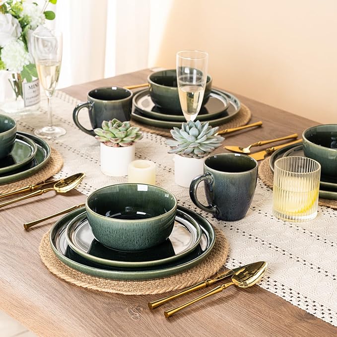 GBHOME Ceramic Dinnerware Sets for 6, 18 Pieces Stoneware Plates and Bowls Sets, Reactive Glaze Dishes -Scratch Resistant, Dishwasher&Microwave Safe, Earth Green