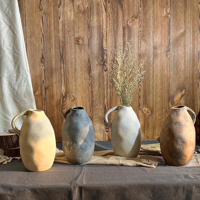10.3 Inch Ceramic Rustic Farmhouse Vase with Handle, Vintage White Grey Pottery Flower Vase, Rustic Vase for Home Decor, Farmhouse Kitchen, Bedroom, Wedding, Thanksgiving Centerpiece