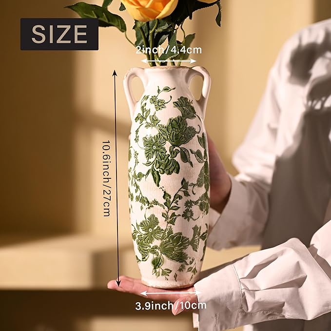 VICTOR & TERESA Green White Floor Vase for Pampas Grass, 11'' Tall Vase for Home Decor, Ceramic Farmhouse Decorative Large Vases for Flower, Mantel, Living Room, Shelf, Centerpieces, Gift for Mom