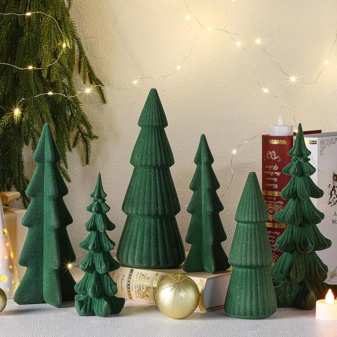 Wesiti 6 Pcs Velvet Ceramic Christmas Trees Figurines 9.84''7.49'' Large Modern Velvet Cones Tabletop Christmas Tree Figurine Green Centerpieces Table for Xmas Holiday Fireplace Farmhouse Decor