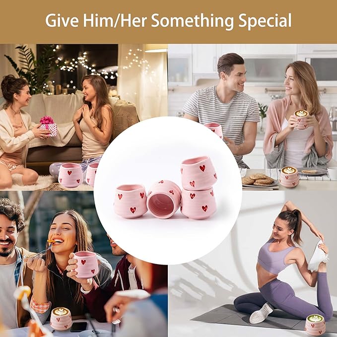 4pcs Japanese Tea Cup Set – 160ml 5.4OZ Ceramic Matcha Cup, Small Handless Espresso Cups, Cute Coffee Mugs for Valentine (Pink Love)