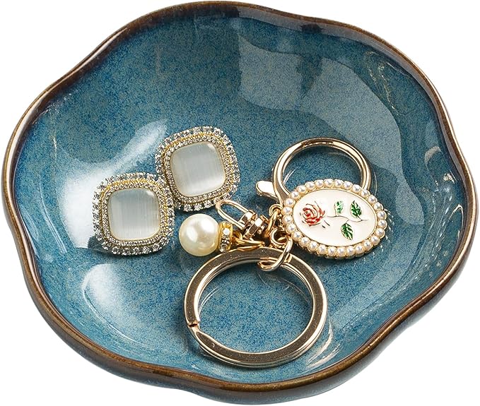 Ceramic Ring Dish Flower Jewelry Holder Dish Cute Jewelry Dish Tray Trinket Dish Small Decorative Tray Key Bowl Room Decor Aesthetic for Mom Best Friend Sister (blue)