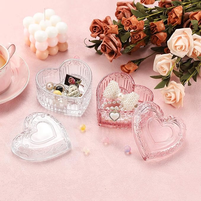 WHJY Glass Jewelry Box for Girls Heart Shaped Container with Lids Small Decorative Trinket Organizer for Vanity Room Decor Crystal Clear Storage Jar for Rings Earrings Necklaces