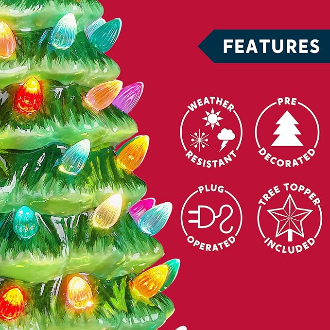 JOIEDOMI 15" Ceramic Christmas Tree, Table Top Christmas Tree with Star Topper, Vintage Pre-lit Xmas Decor with Multicolored LED Lights, Hand-Painted Xmas Decorations Indoor Home Office