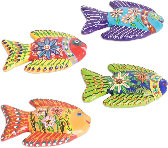 NOVICA Artisan Handmade Ceramic Magnets Fishthemed Colorful Multicolor Guatemala Decor Accessories Animal Traditional Folk Art Sea Life [3.1in H x 2in W x 0.5in D] 'Marine Festival' (Set of 4)