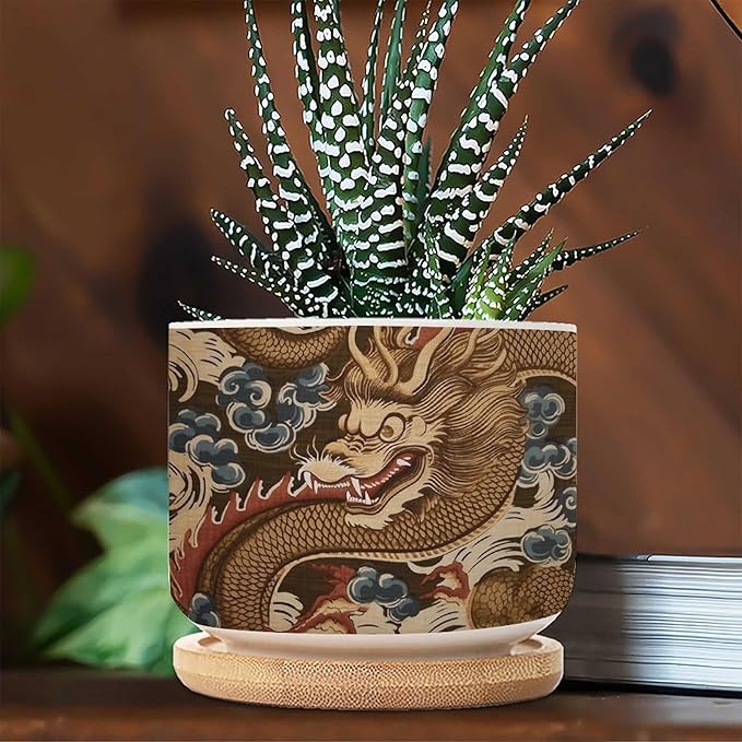5 Piece Antique Chinoiserie Dragon Small Ceramics Planter Chinoiserie Flower Pot Planter with Drainage Bamboo Trays Dragon Gold Oriental Style Asian Ceramics Pots for Plants