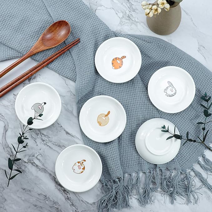 SOCOSY Super Cute Funny Cat Butts Ceramic Sauce Dish/Seasoning Dish/Sushi Soy Dipping Bowl/Appetizer Plates/Serving Dish for Kitchen Home(Set of 6)