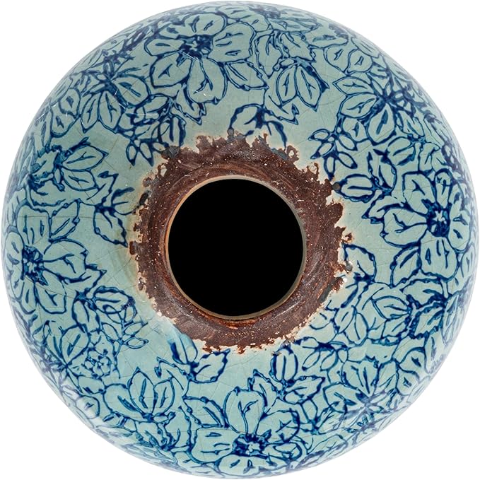 Creative Co-Op Decorative Round Terra-Cotta Vase with Floral Pattern with Distressed Finish, Blue