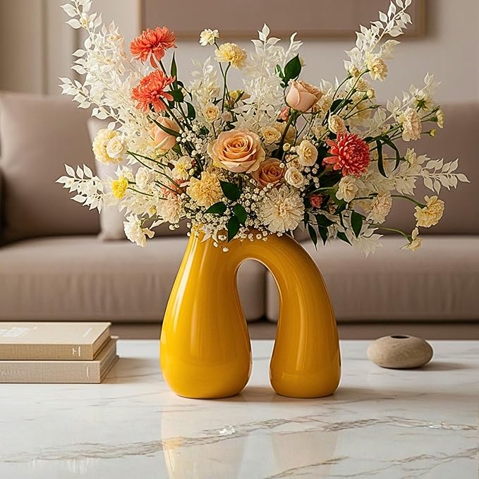 Yellow Ceramic Decorative Pitcher Vase, 7.5 in – Glossy Sculptural Arch-Handle, Modern Home Décor Accent for Fresh or Dried Floral Arrangements, Table/Shelf/Entryway, Giftable