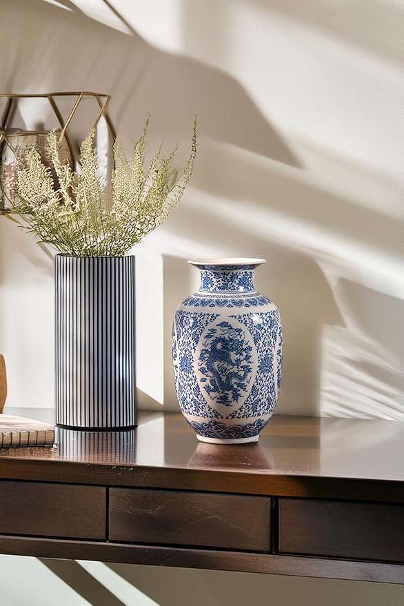 Blue and White Vase, Chinoiserie Porcelain for Living Room Shelf, Entryway Decor & Blue and White Home Centerpiece, Blue Vases Home Décor,11" H