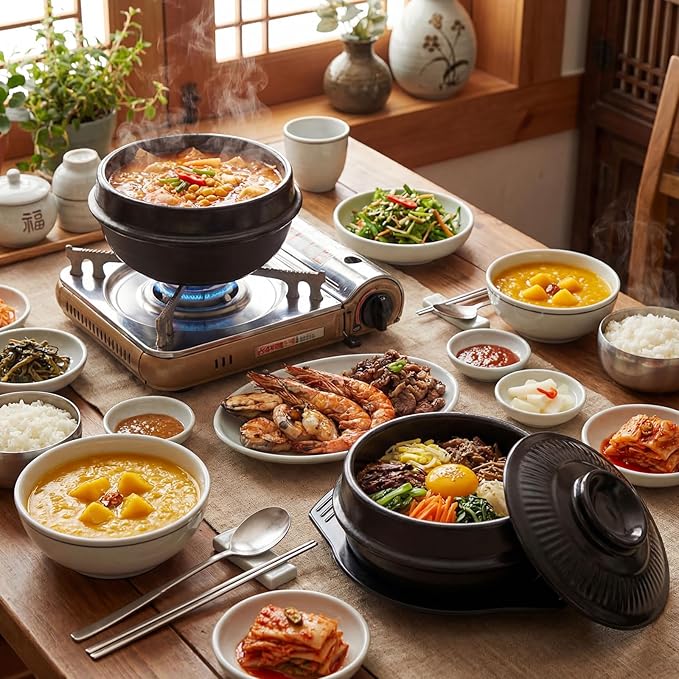 Korean Stone Bowl with Lid and Platter 32 oz Ceramic Bowl for Cooking, Sizzling Hot Pot, Clay Pot for Dolsot Bibimbap, Soup Casserole, Rice, Stew, Noodle, Korean Cookware