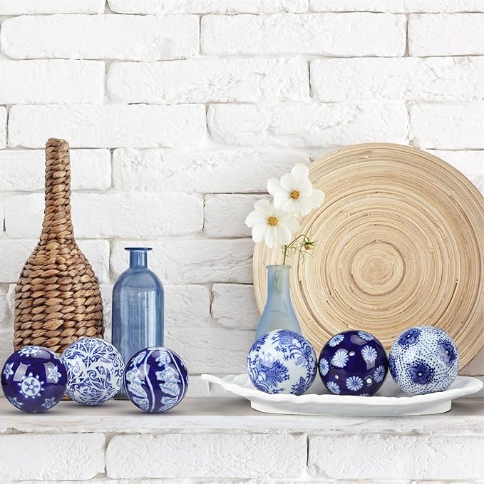 Vesici 9 Pcs Blue and White Porcelain Balls Decorative Chinoiserie Orbs for Centerpiece Bowls China Ceramic Balls Farmhouse Basket Tray Vases Decoration Gifts for Dining Table Holiday(Elegant Style)