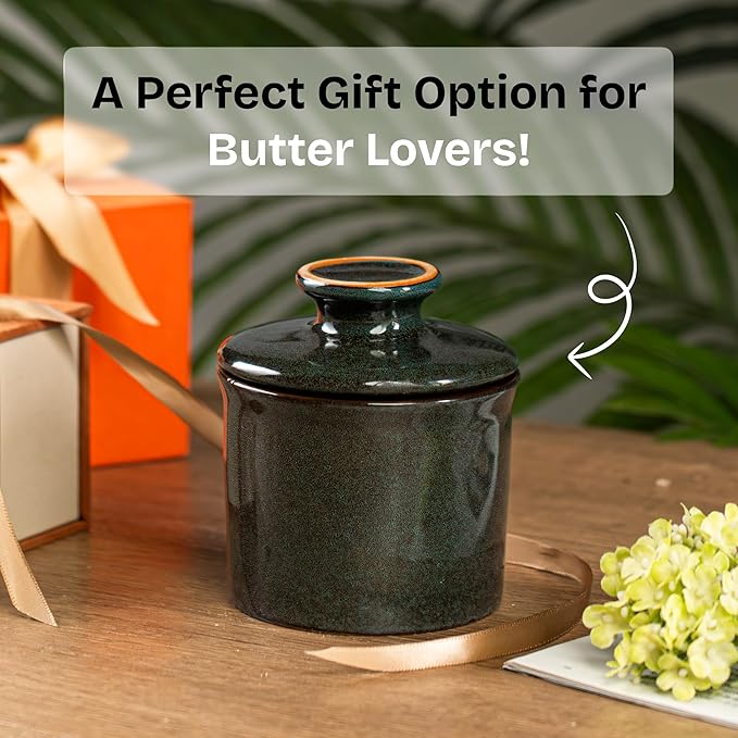 Pottery Butter Crock with Lid, Ceramic Butter Dish with Water Line, Countertop Butter Keeper, Butter Holder for Countertop, Greenish Brown