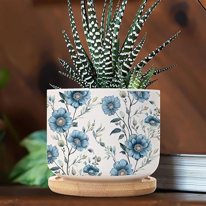 Set of 5 Chinoiserie Blue Floral Small Pot for Flowers Mughal Flower Ceramics Planter with Drainage Bamboo Trays Chinoiserie Chic Pots for Succulents Indoor Birthday Gift for Mom