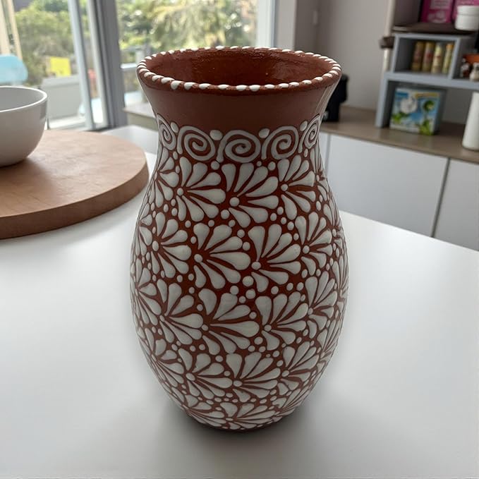 Brown & White Talavera Vase | Handcrafted Relief Pottery