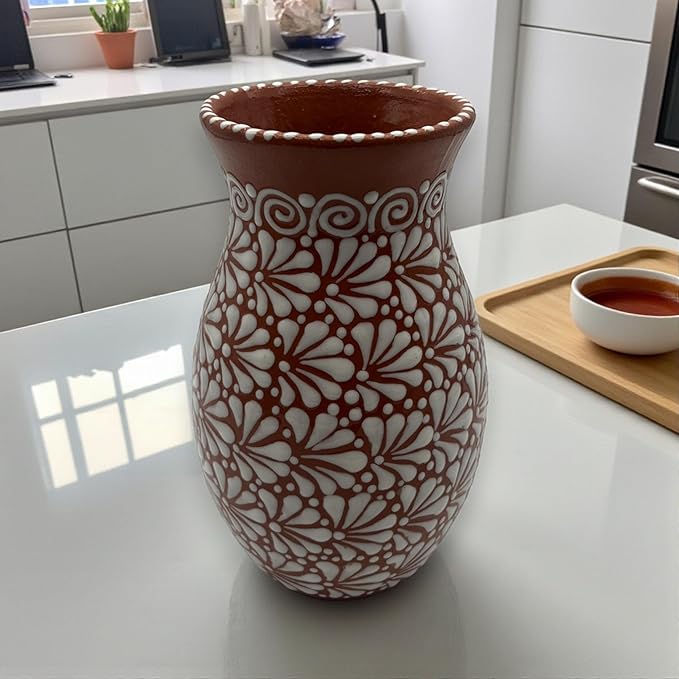 Brown & White Talavera Vase | Handcrafted Relief Pottery