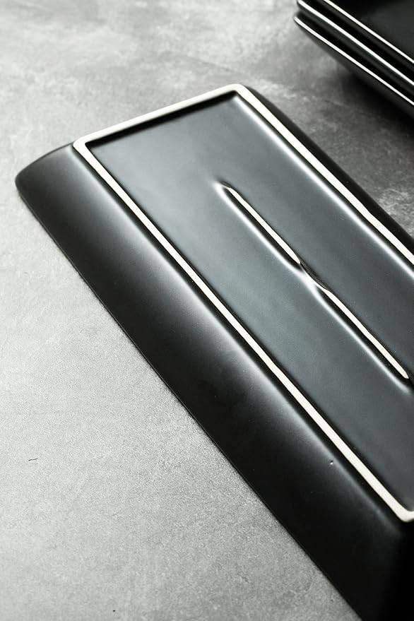 LAUCHUH Serving Platters for Entertaining, Large Rectangular Plates, 14 Inches Porcelain Serving Tray for Halloween, Housewarming, Christmas, Party, Dessert, Sushi and Appetizers, Set of 4, Black