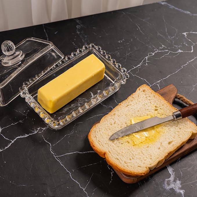 Glass Butter Dish with Lid for Countertop, Clear Crystal Glass Covered Butter Stick Holder Tray, Butter Storage Container for Fridge