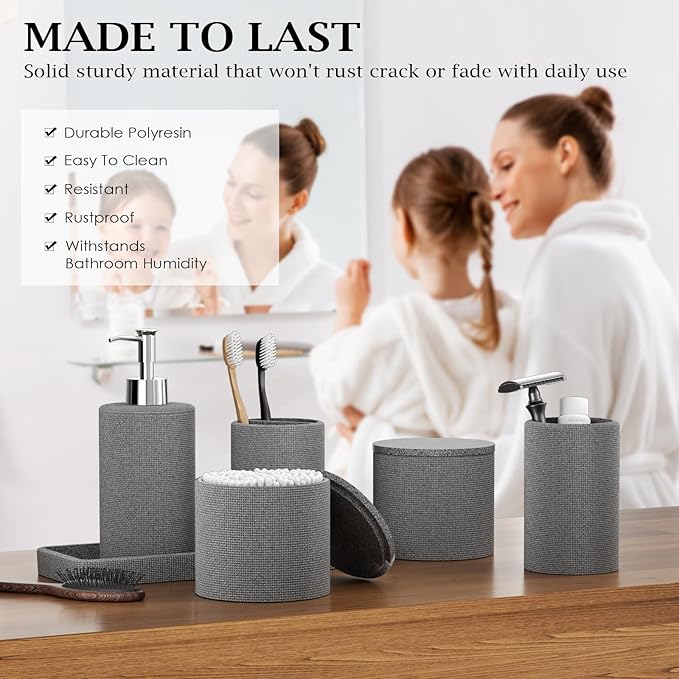 6-Piece Grey Bathroom Set - Mesh Textured Resin Bathroom Accessories Set with Soap Dispenser, Toothbrush Holder, Cup, Vanity Tray & Apothecary Jars for Small Spaces