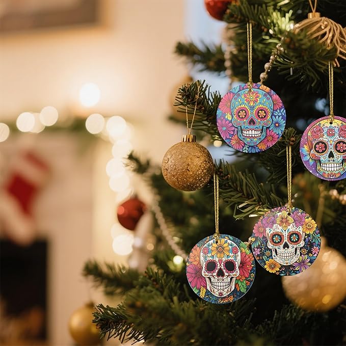Floral Skull Christmas Ornaments Set of 4,Ceramic Skulls Ornaments for Christmas Tree,Keepsake Ornament Holiday Decoration, Round, Gift Exchange for Home