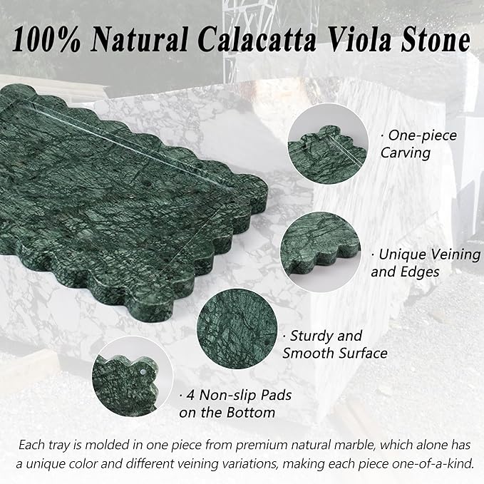 Real Natural Marble Tray, Luxury Scalloped Vanity Decorative Tray, Genuine Indian Green Stone Tray for Bathroom Dresser, Home Decor, Kitchen Storage, Non-Resin/Ceramic, 10.6" x 8", Green