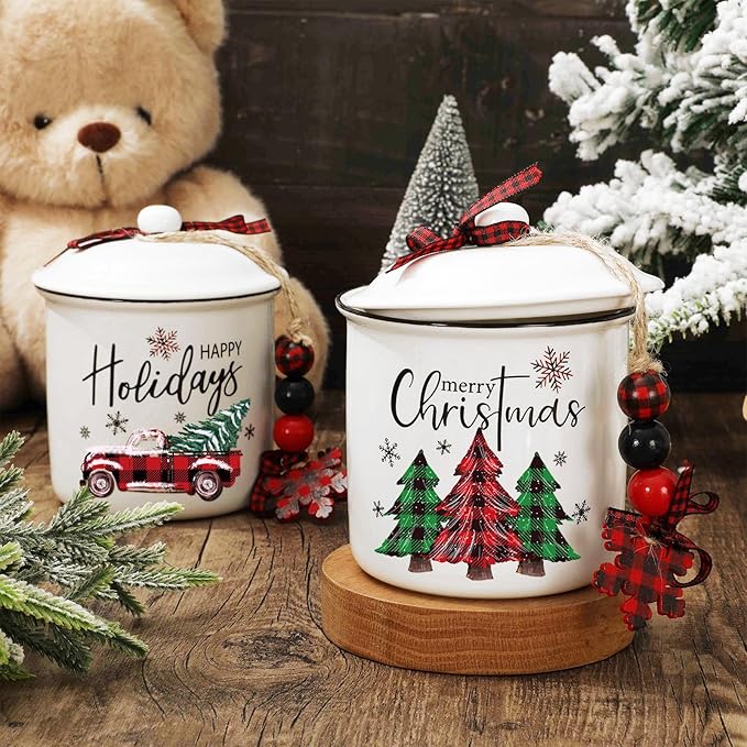 Whaline 2Pcs Christmas Mini Ceramic Canister Red Green Plaid Xmas Tree Truck Snowflake Mini Jar Holiday Candy Holder with Lid Bow for Xmas Winter Home Decor Storage Accessory