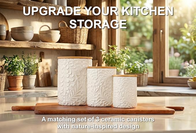 Engraved Design Kitchen Canisters Set of 3 with 74 Oz, 36 Oz, and 18 Oz - White Storage Jars for Countertop with Airtight Bamboo Lids - Large Flour Tea Coffee Sugar Spices Container - Decorative