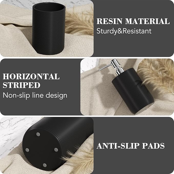 6-Piece Bathroom Accessory Set Resin, Black Bath Accessories Complete with Toothbrush Holder, Lotion Soap Dispenser, 2 Qtip Holders,Vanity Tray,Bathroom Tumbler - Countertop Vanity Organizer