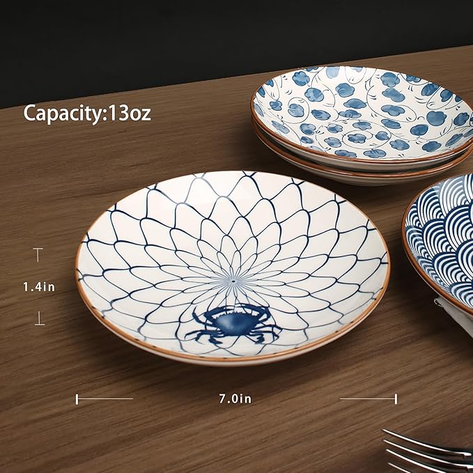 Small Ceramic Salad Plates Set of 4, 7 Inch (13oz) Japanese Appetizer Plates for Sushi Snacks, Dessert Plates for Cake Fruit, Blue & White Dinnerware, Microwave Dishwasher Safe