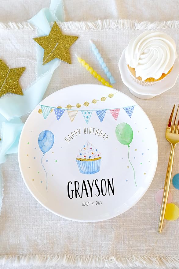 Personalized Birthday Plate, Ceramic Keepsake Gift, Classic Party Cupcake, Dishwasher Safe, Heirloom, Start a new Tradition, use year after year, Handmade and Original, Little Worm Studio