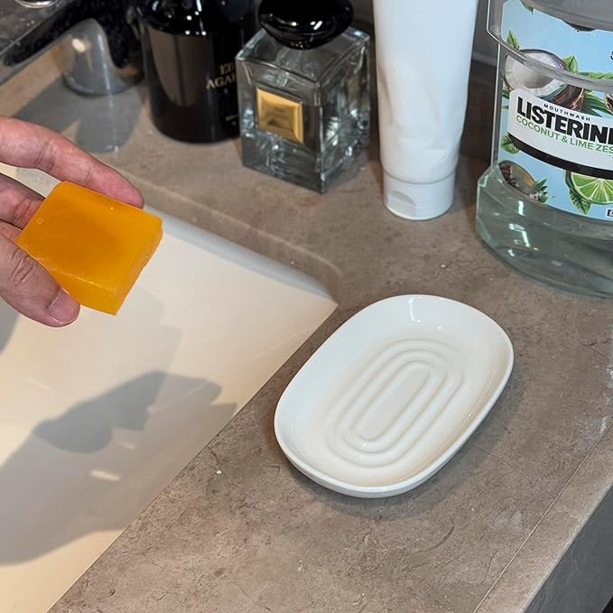 Soap Dish, Ceramic Soap Dish with Marble PatternShower, Soap Saver Tray for Bathroom, Kitchen Sink & Vanity, Multi-Use Holder for Jewelry, Rings, Keys (2 Pack, White)