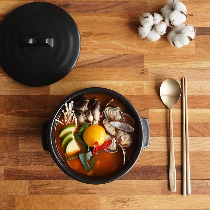 Korean Stone pot with Lid & Platter, Clay Pot for Cooking Hot Pot Dolsot Bibimbap and Soup Cookware