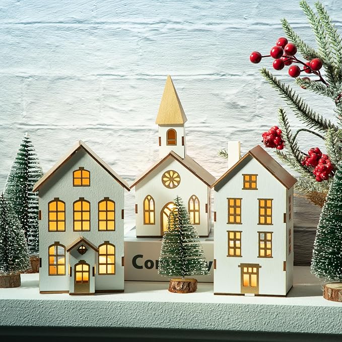 7 Pcs Christmas Village Figurines Sets - 3 LED Lighted Houses with Remote Control & 4 Trees - Christmas Decorations Indoor - Xmas Holiday Farmhouse Rustic Decor for Table Room