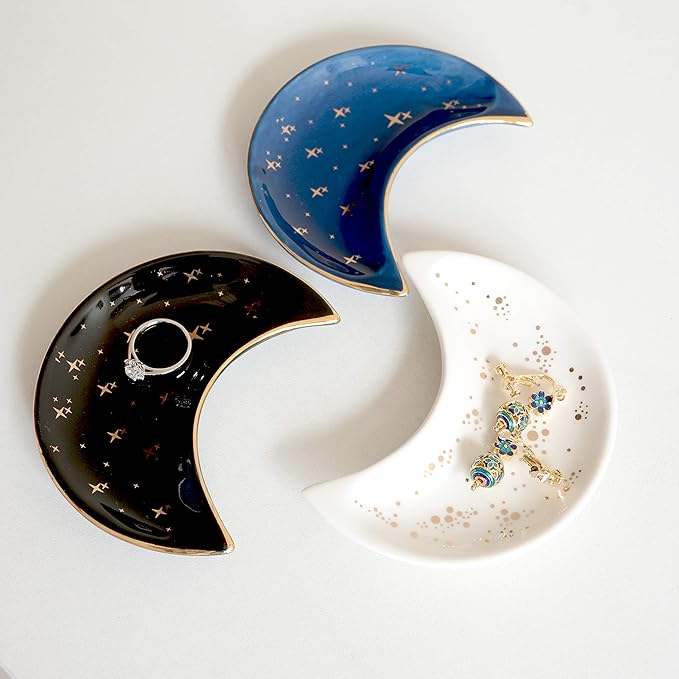 Small Moon Jewelry Dish Tray, Decorative Ceramic Trinket Dish, Modern Accent Tray for Vanity, White